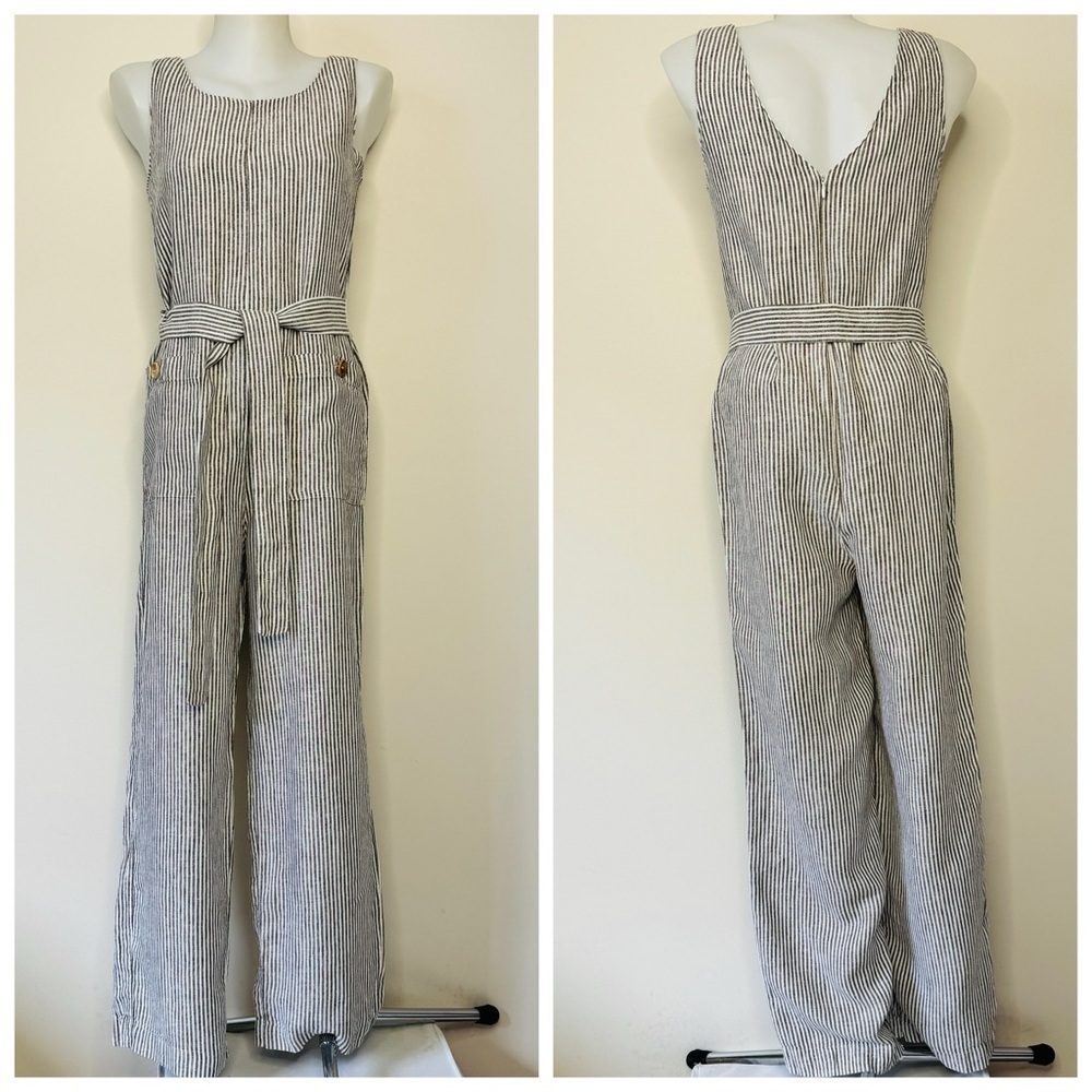 MNG Casual Mango Jumpsuit Striped Wide Leg Seersucker 2 Pockets Lagenlook XS 2